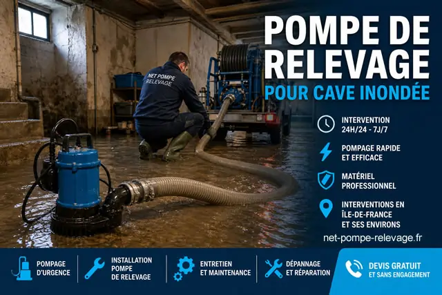 Pompage cave inondée avec pompe de relevage Île-de-France Pompe de relevage pour cave inondée en Île-de-France - intervention urgente